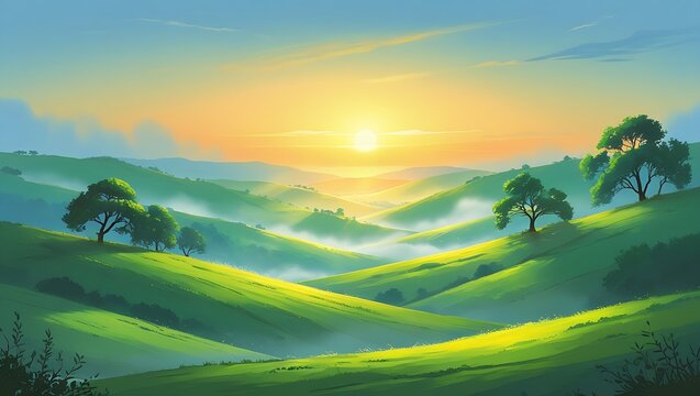 Landscape painting of rolling green hills with trees and a bright sun at the horizon