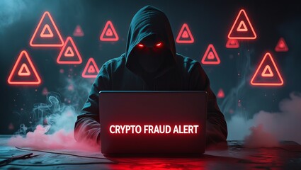 Dark hooded figure with glowing red eyes typing on a laptop, emphasizing a 'Crypto Fraud Alert' amid a moody background.