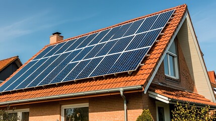 Fototapeta premium Solar panel residential installation on orange clay tile roof modern brick house sustainable energy technology blue sky