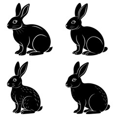 Four black rabbits in various poses against a white background in a simple vector style illustration