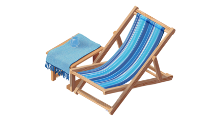 Foldable summer chair with beach towel, isometric angle, isolated, PNG