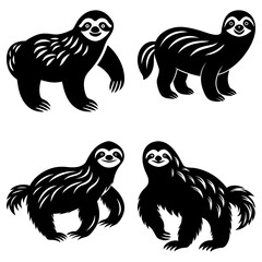 Obraz premium Four black and white stylized sloths in various poses on a white background simple vector illustration