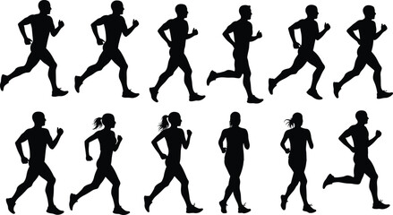 Silhouette runners, jogging male and female figures in motion, group fitness exercise, running silhouettes set, sporty people jogging graphic, athletic movement pose collection illustration