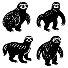 Naklejka premium Four stylized black sloths in various poses on a white background vector illustration art design