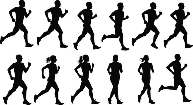 Silhouette runners, jogging male and female figures in motion, group fitness exercise, running silhouettes set, sporty people jogging graphic, athletic movement pose collection illustration - Powered by Adobe