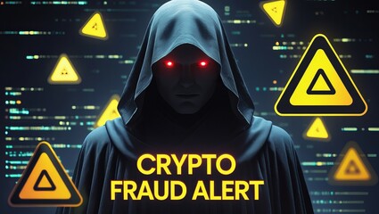 A mysterious cloaked figure with glowing red eyes stands against a digital background, signaling a warning about crypto fraud.