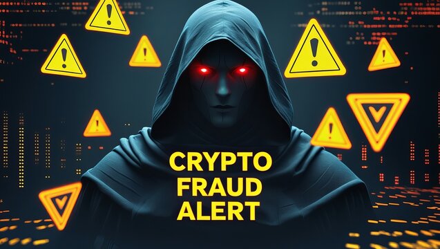 A mysterious figure in a dark hooded cloak with glowing red eyes, surrounded by warning symbols about cryptocurrency fraud.