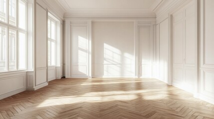 Fototapeta premium Sunlit Empty Room with Hardwood Floors and Classic Molding