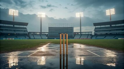 A dramatic evening scene at a cricket stadium under floodlights, showing the wicket reflecting in a puddle after rainfall, capturing the essence of the game.