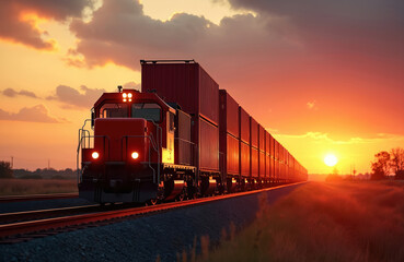 Fototapeta premium Freight train carries cargo containers across desert landscape during sunset. Red train travels, transporting goods, industry commerce. Golden hour, dramatic sky. Transportation infrastructure,