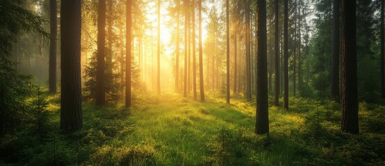 A national park's wilderness is home to a lush forest of old spruce, fir, and pine trees, where healthy green trees flourish under bright yellow sunlight, representing a sustainable ecosystem and