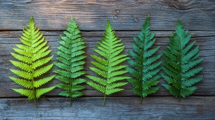 Naklejka premium Smoky mountain ferns collection displaying five specimens in row formation on rustic wooden background with varying green shades and textures