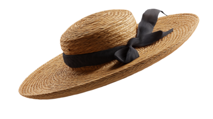 Floating straw hat with ribbon, slightly tilted, studio light, PNG