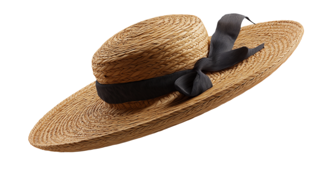 Floating straw hat with ribbon, slightly tilted, studio light, PNG
