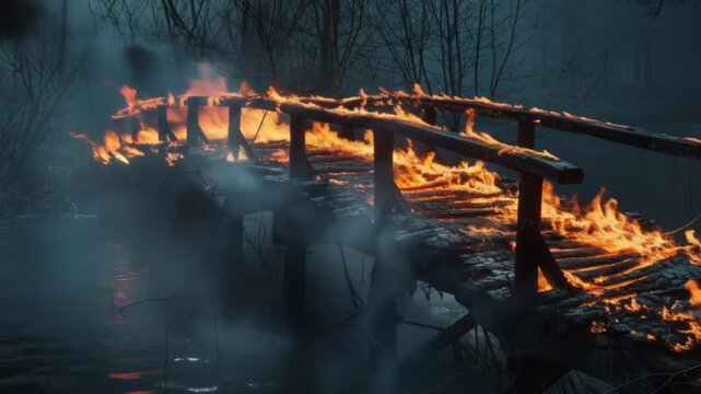 Old wooden bridge burning with flames over dark river in misty forest, dramatic destruction scene.