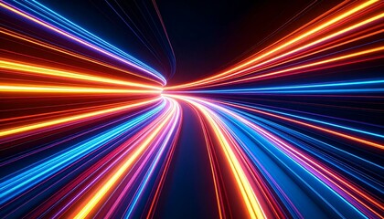 The image showcases a mesmerizing tunnel of vibrant, dynamic light streaks in hues of blue, orange, and red, speeding towards a vanishing point, creating a futuristic