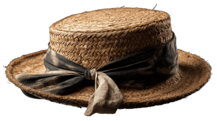 Floating straw hat with ribbon, slightly tilted, studio light, PNG