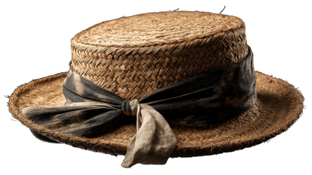 Floating straw hat with ribbon, slightly tilted, studio light, PNG
