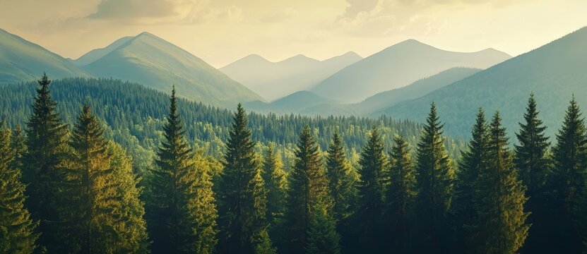 Aerial views of northern woodland landscapes feature green pine forests and dark spruce trees on mountainous hills - Powered by Adobe