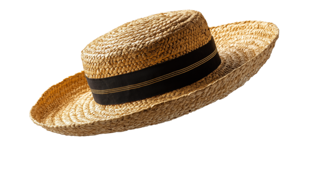 Floating straw hat with ribbon, slightly tilted, studio light, PNG