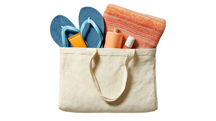 Beach bag with towel, flip-flops and sunscreen visible, flat lay, white background, PNG 