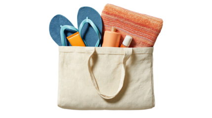 Beach bag with towel, flip-flops and sunscreen visible, flat lay, white background, PNG 