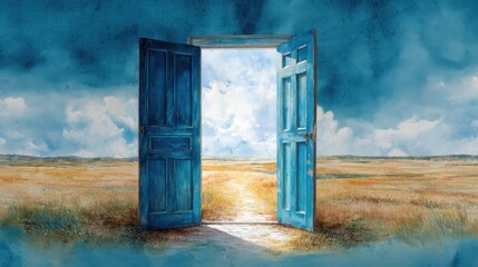 Open Blue Door to a Bright Landscape