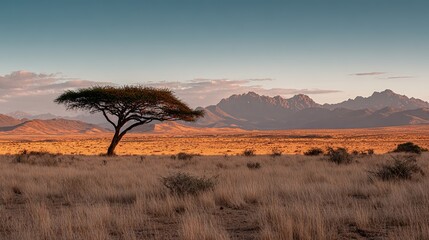 Fototapeta premium A tranquil grassland scene with a lone tree on a flat ground and mountains in the background reflects natural beauty and tranquility, perfect for travel advertisements or posters.