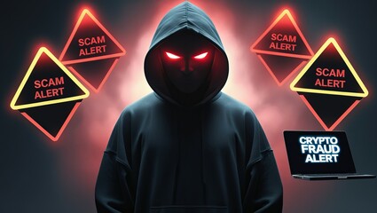 Mysterious figure in a dark hoodie warning about crypto scams, with glowing alerts in a dramatic, tech-inspired atmosphere.