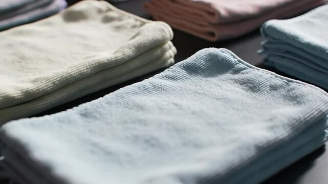 Soft colored towels neatly arranged on a table for display  