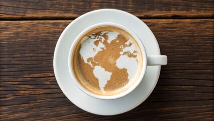 Cup of Coffee with World Map Foam Art on Wooden Table