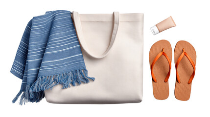 Beach bag with towel, flip-flops and sunscreen visible, flat lay, white background, PNG