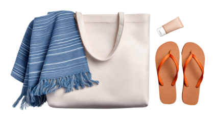Beach bag with towel, flip-flops and sunscreen visible, flat lay, white background, PNG 
