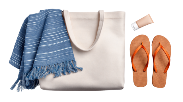Beach bag with towel, flip-flops and sunscreen visible, flat lay, white background, PNG 