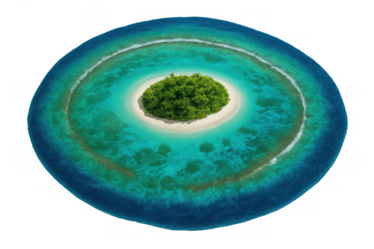 Aerial view of a small tropical island with lush vegetation, surrounded by a circular turquoise ocean with waves and coral reefs, isolated on transparent background - Powered by Adobe