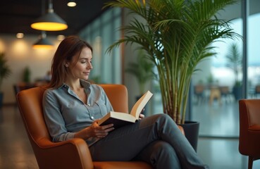 Businesswoman relaxes airport lounge reading book. Female traveler rests in comfortable armchair, enjoys reading during travel. Elegant woman in business trip, leisure lifestyle. Comfort,