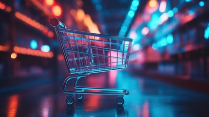Empty Shopping Cart in Neon-Lit Store Aisle
