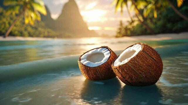 Tropical beach scene with halved coconuts in clear ocean waters at sunset