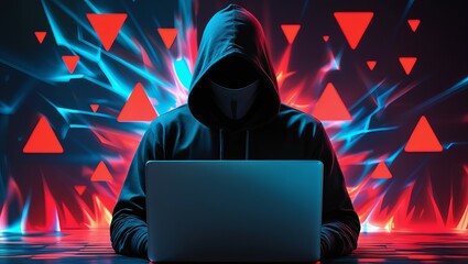 A mysterious figure in a hooded sweatshirt sits in front of a laptop, embodying the digital era's intrigue and shadows.
