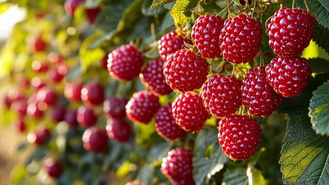 Sunlit raspberry vines: ripe red berries in lush greenery at sunset
