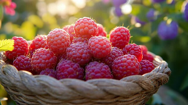 Fresh raspberries in woven basket amid sunlit garden