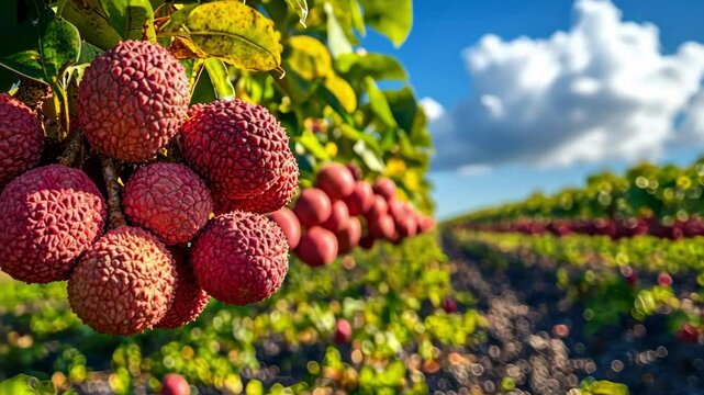 Lush lychee farm under bright blue sky