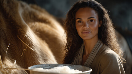 A farmer milking a cow in warm natural light