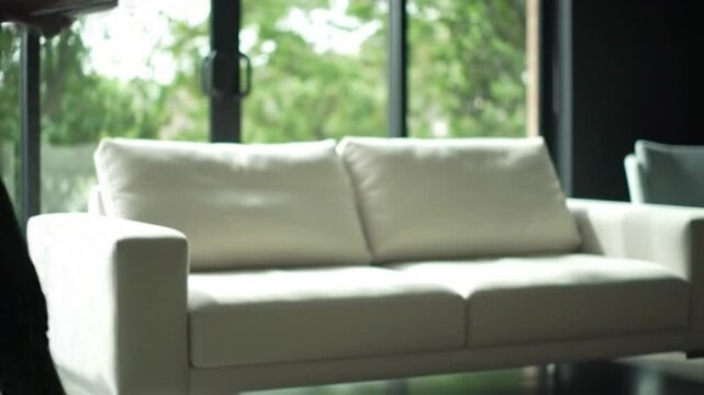 A bright living room featuring a modern white sofa near a window with a lush green view outside