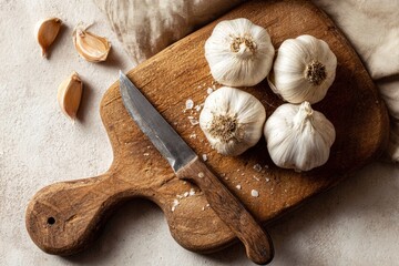 Garlic bulbs knife and cloves rest on a worn wooden cutting board alongside a light cloth