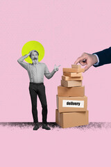 Vertical 3d zine pop trend image collage of happy girl guy stand delivery service shipment box hand...