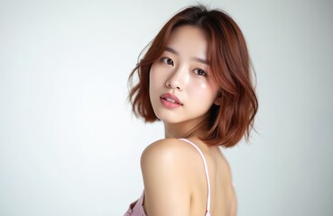 Fototapeta premium Young Asian woman with perfect skin, short wavy brown hair poses in studio. Beauty, skincare, wellness concept. Female model with natural make-up. Fresh face, healthy appearance.