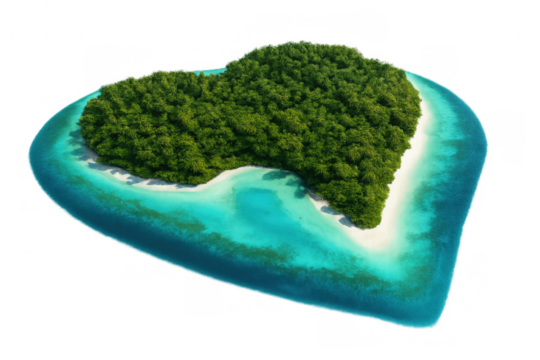 Verdant greenery enveloping heart-shaped landmass amid turquoise waters, revealing pristine tropical landscape with romantic natural formation