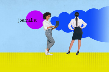 Banner 3d image pop vertical collage of two happy girl guy stand reportage news correspondent...