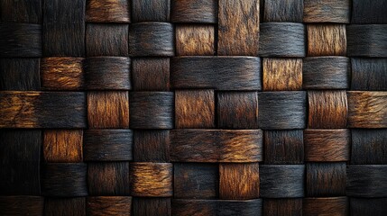 Close-Up of Woven Wooden Texture with Brown and Golden Rustic Patterns, Representing Craftsmanship and Design
